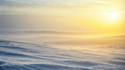 A soft, snowy landscape bathed in the golden light of the rising sun, creating a peaceful and ethereal scene.