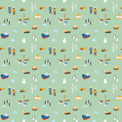 Polar station seamless pattern. Cute Cartoon arctic animals background. Vector Illustration.