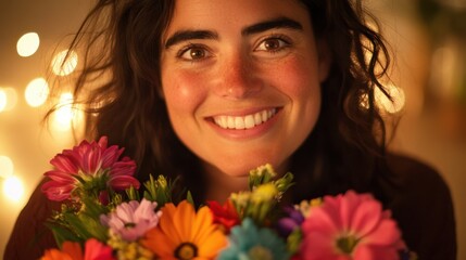 Naklejka premium Radiant Woman Smiling with Vibrant Bouquet Against Warm Bokeh Lights