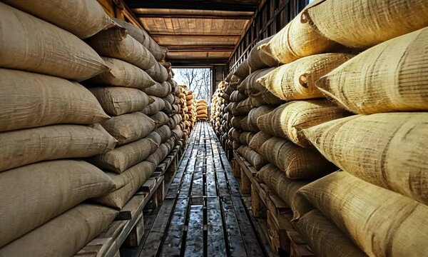 Rows of burlap sacks stored in a wooden warehouse.