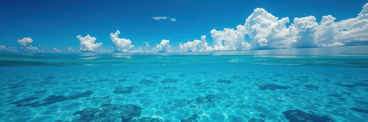 Obraz premium Blue sea with crystal clear water surface reflecting the sunny and cloudy sky above, revealing a colorful underwater world teeming with vibrant marine life, cloudy sky, surface, ocean water