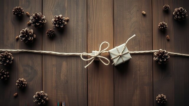 Rustic Wooden Background Featuring Two Small Gifts Tied Together with Twine and Adorned with Pine Cones
