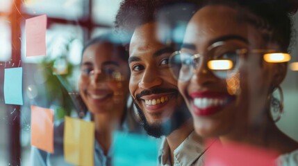 Creative teamwork and collaboration in brainstorming sessions using sticky notes for planning and task delegation in an office setting