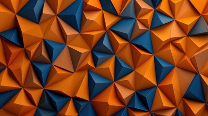 Obraz premium The design features a repeating pattern of equilateral triangles in varying shades of orange and blue, creating a striking visual contrast.