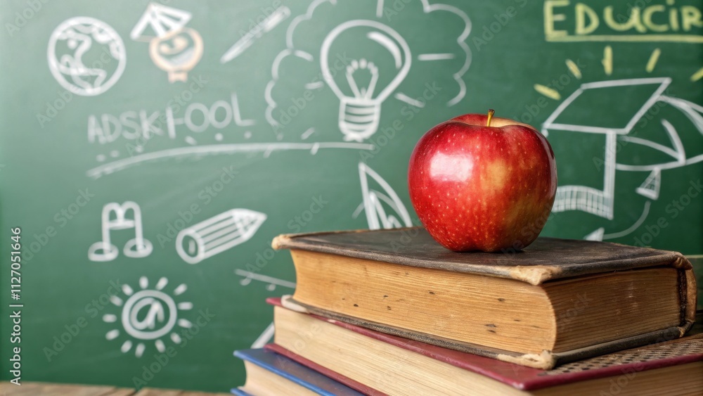 Poster A red apple sits atop a stack of old books in front of a green chalkboard with drawings of a lightbulb, a pencil, a sun, a globe, and the word school.
