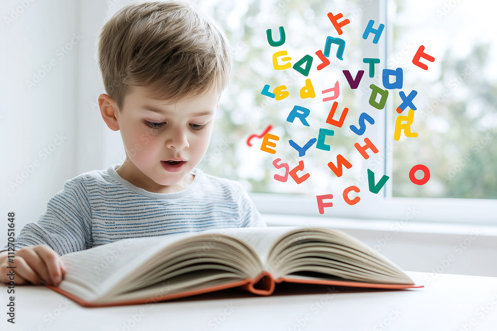 Poster boy reading open book with colorful letters floating around him, showcasing moment of curiosity and 