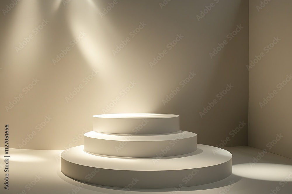 Aufkleber minimalist podium with three stacked circular platforms in matte white surrounded by soft ambient li