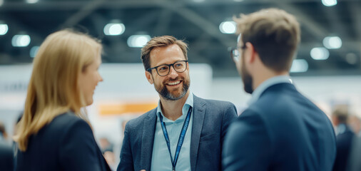 A lively conversation between three suited professionals at a trade fair, their staff lanyards visible, reflecting the collaborative and laid-back nature of corporate networking events.