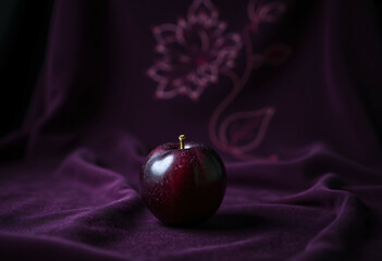 A single dark plum rests on a rich purple velvet fabric with a subtle floral pattern.