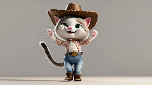 Adorable 3D Cat in Cowboy Attire Winking and Smiling on a Minimalist White Stage Setting
