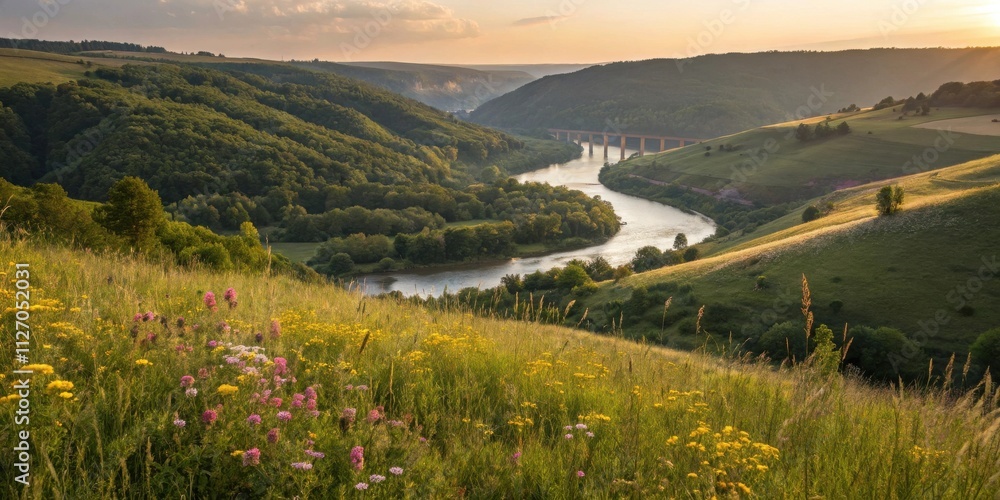 Poster a winding river flows through a valley, bordered by lush green hills and a distant bridge, bathed in