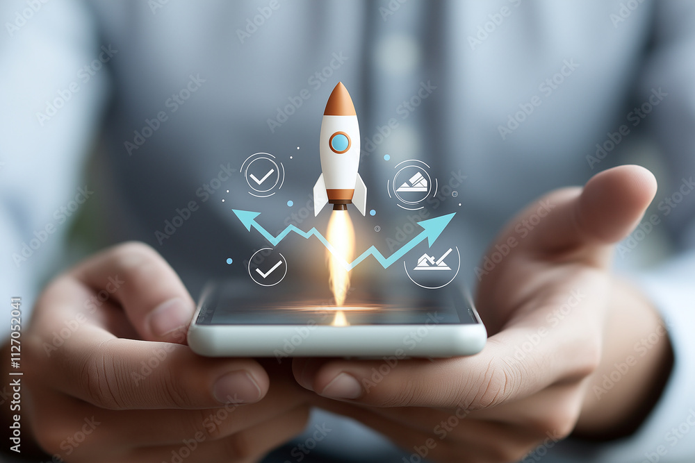 Poster businessman holds smartphone displaying rocket launch graphic, symbolizing growth and innovation. im