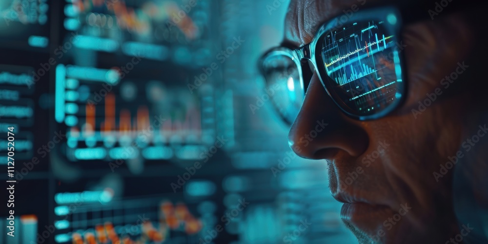 Poster futuristic investment schedule visuals with graphs and a business professional using technology for 