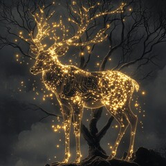 Glowing Deer Surrounded by Mystical Light in Dark Forest Scene