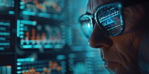 Futuristic investment schedule visuals with graphs and a business professional using technology for cryptocurrency management and financial planning