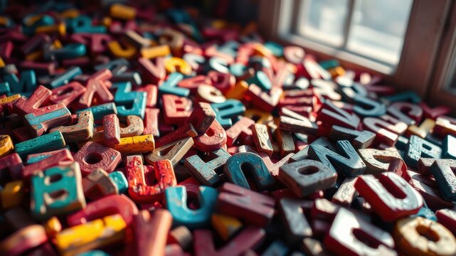 A vibrant collection of aged wooden letter blocks, scattered near a sunlit window, showcasing the beauty of worn typography and the essence of storytelling.