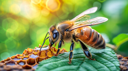 Naklejka premium closeup of honeycomb with bee making honey process