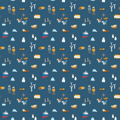 Polar station seamless pattern. Cute Cartoon arctic animals background. Vector Illustration.