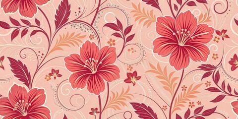 A seamless floral pattern featuring delicate red flowers, intricate swirls, and elegant foliage on a soft pink background.