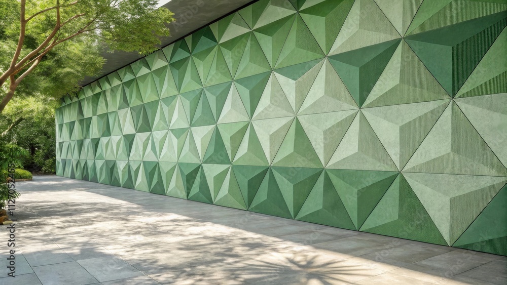 Fototapete a contemporary building facade with a geometric green wall design featuring a pattern of intersectin