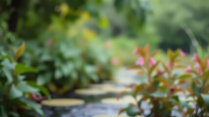 Fototapeta premium Blurred image of serene natural background with water and lush plants, background, peaceful