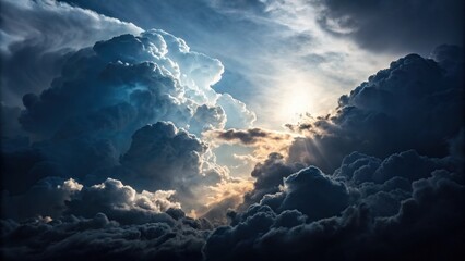 A majestic and awe-inspiring view of a sunlit sky with a dramatic display of layered clouds, illuminated by rays of light breaking through the darkness