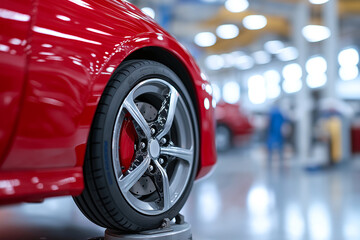 close up of red car rear disc brake and alloy wheel, showcasing its sleek design and shiny finish. background features blurred automotive workshop environment