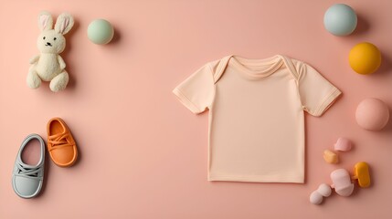 Children T-shirt pastel mockup. Baby clothing flat lay with pastel toys and shoes on a soft pink background.