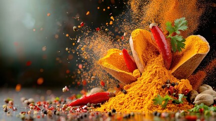 The vibrant colors of various spices, such as red chili powder, yellow turmeric, and green coriander, burst open in a chaotic explosion against a dark, moody background