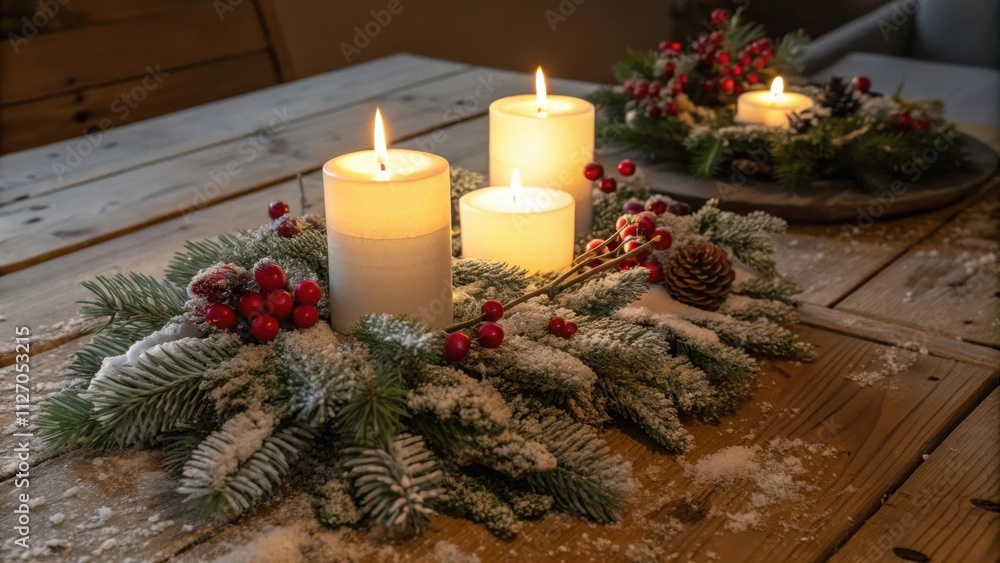 Poster three burning candles nestled in a snow-dusted evergreen wreath with red berries and pine cones on a