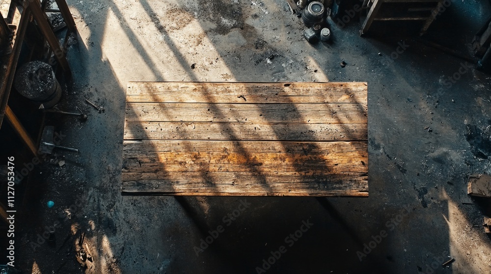 Poster overhead view of rustic wooden table with shadows and texture