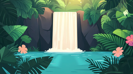 An adventurous journey to the enchanting forest waterfall, adventurous spirit at the majestic forest waterfall. Cascade. Illustration