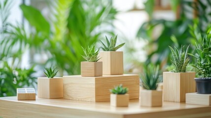 Wooden product display stands with green plants in the background.
