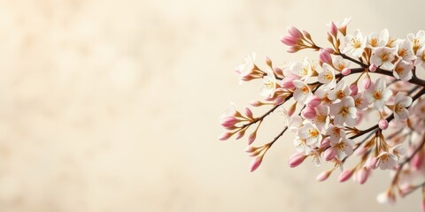 Delicate pink and white blossoms on a branch against a soft beige background, a springtime floral image perfect for greeting cards, websites, or springtime announcements.