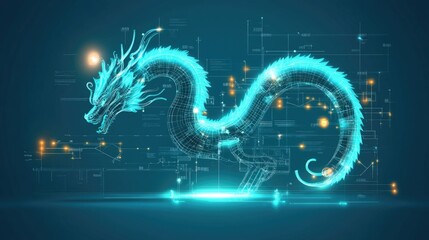 Futuristic neon dragon hologram with digital elements and glowing tech background. Happy Chinese New Year