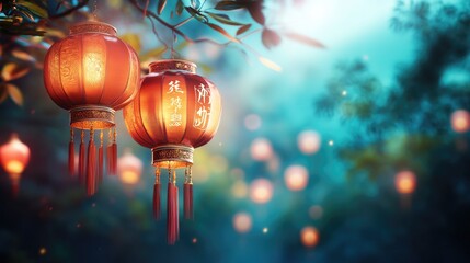 Obraz premium Enchanting chinese lanterns illuminating a serene night garden scene. Happy Chinese New Year