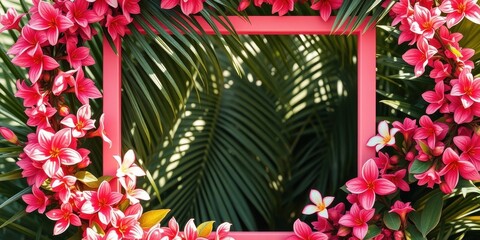 Vibrant Pink Frame Adorned with Tropical Flowers and Lush Palm Fronds
