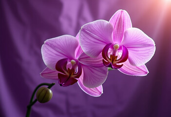 Vibrant pink orchids bloom against soft purple backdrop.