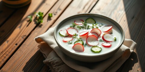Refreshing Creamy Soup with Radishes and Cucumbers in a Bowl