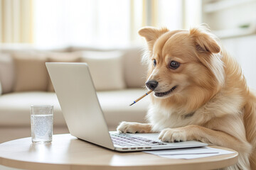 dog sitting at table working on laptop with pen in its mouth, showcasing playful and focused demeanor. cozy interior adds warmth to scene