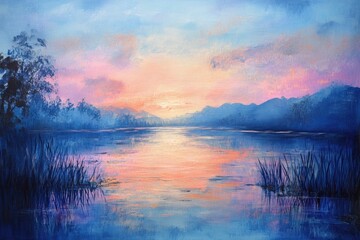 Serene Sunset Over Still Lake Mountains Landscape