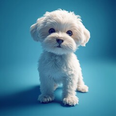 Obraz premium Adorable small fluffy dog on bright blue background posing cute