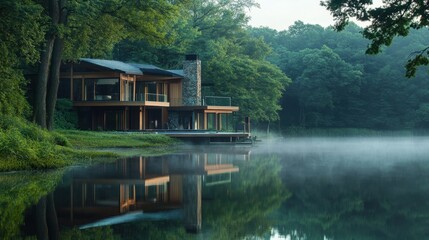Fototapeta premium Modern architecture meets nature: a stylish house by a mist-covered lake, surrounded by lush greenery.
