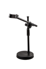 Adjustable smartphone holder stand with a flexible neck and sturdy base, isolated on a white background.