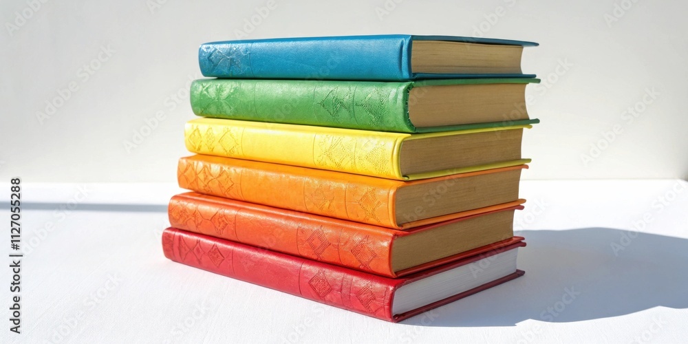 Poster a stack of colorful books arranged in a rainbow pattern on a white surface