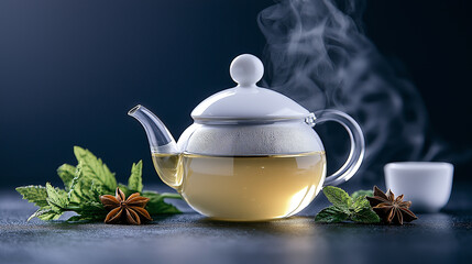glass teapot filled with green tea, steam rising, surrounded by mint leaves and star anise. serene atmosphere evokes sense of calm and relaxation