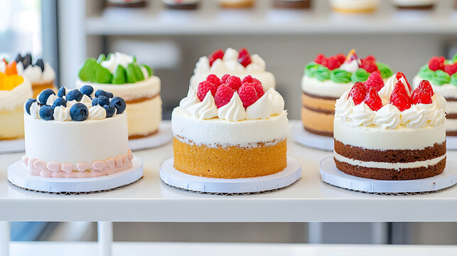 A variety of delicious cakes on display in a bakery. A display case full of cakes and pastries