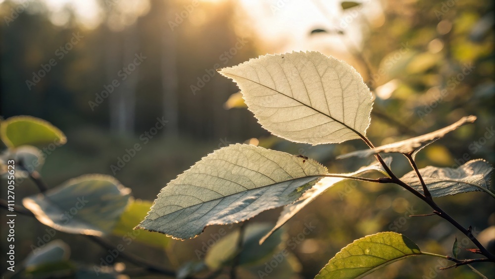 Poster A Single Branch with Delicate Leaves Bathed in the Warm Glow of the Setting Sun, Revealing Intricate Veins and a Subtle Translucency