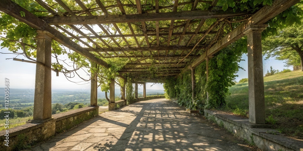 Aufkleber a stone pathway lined with lush foliage leads through a wooden pergola covered in climbing vines, pr