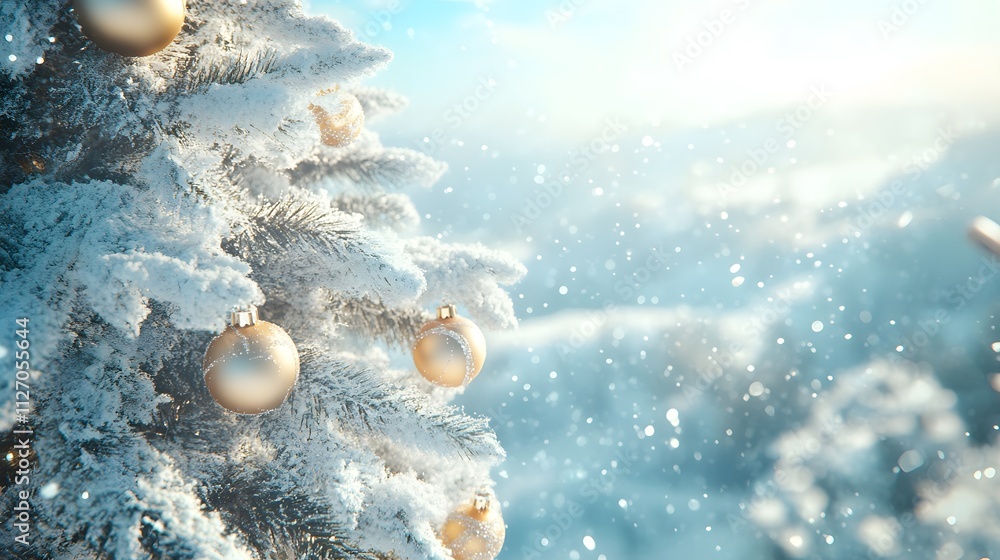 Poster a clean and minimal christmas tree adorned with delicate ornaments, captured from a high perspective
